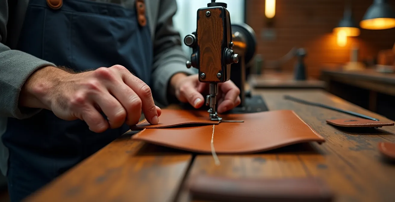 Gros plan sur une machine à coudre traditionnelle en bois assemblant des pièces de cuir naturel pour une chaussure artisanale, avec fils de coton cirés visibles