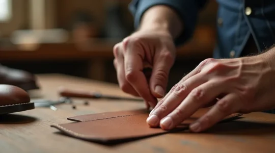 Atelier artisanal français de fabrication de chaussures en cuir, focus sur les mains d'un artisan travaillant le cuir pleine fleur avec des outils traditionnels