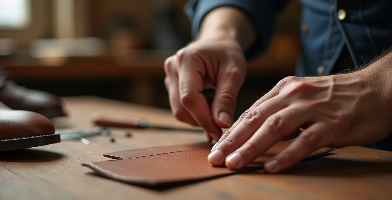 Atelier artisanal français de fabrication de chaussures en cuir, focus sur les mains d'un artisan travaillant le cuir pleine fleur avec des outils traditionnels