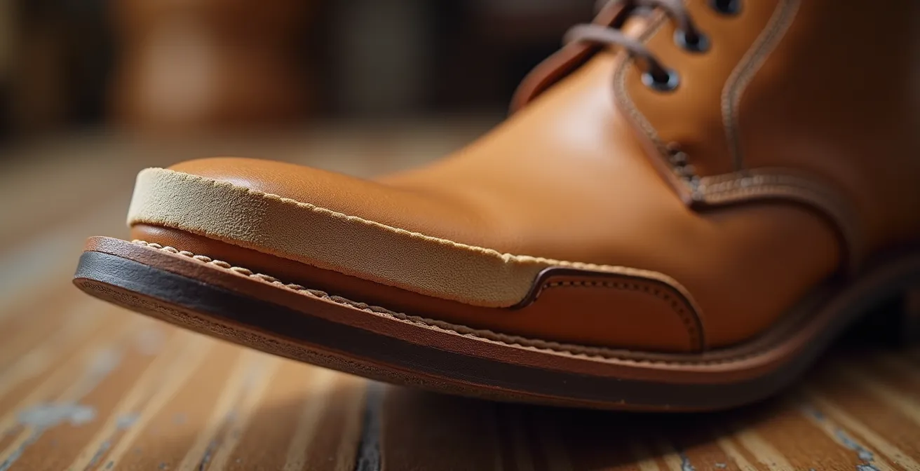 Vue macro d'une semelle de chaussure en cuir Goodyear avec trépointe visible, montrant les détails de la construction cousue main permettant le ressemelage